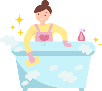 浴缸 女人 抹布 星星 泡泡 清洁剂 矢量 蓝色