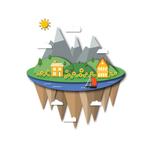景致 漂浮 岛屿 葵花 森林 房屋 帆船 插画用图