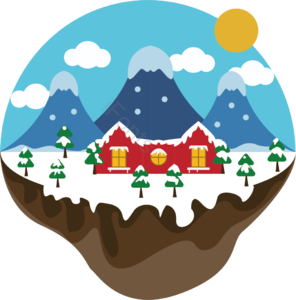 雪山 松树 地形 太阳 云 农舍 雪地 设计
