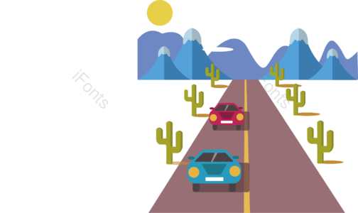 沙漠 雪山 仙人掌 太阳 白云 汽车 高速公路