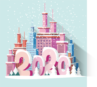 2020 字体 插画 建筑 房子 松树 雪 飘落