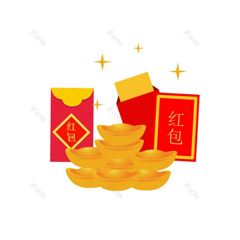 春节图片,金元宝元素,卡通插画PNG,红包免抠素材
