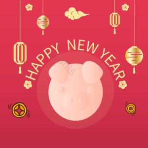 2019 卡通小猪 金色 灯笼 红色 背景 元素 新年快乐