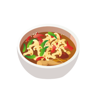 手绘 动画片 餐饮 蔬菜 面条 火腿 红色 美味的