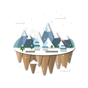 冰雪 岛屿 漂浮 松树 缆车 白云 房屋 插画