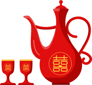 红色 卡通风格 婚礼 婚礼用品 结婚 酒壶 酒盅
