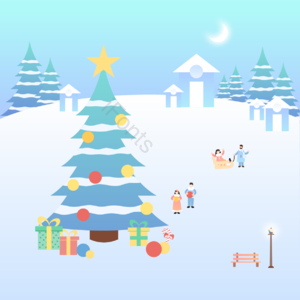 孩子 雪景 圣诞树 礼品 情侣 屋 松树 在户外