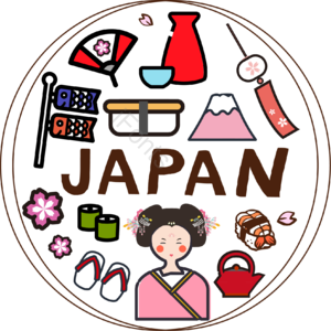 手绘 卡通风格 日本 旅行 和扇 清酒 富士山 寿司