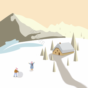 冬季 户外活动 雪球 人物 雪地 雪山 房子 