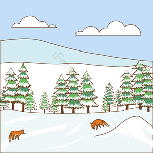 冬季 冬季 线 动画片 山地森林 狐狸 插图