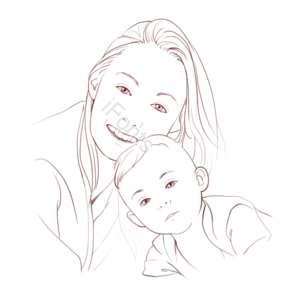 婴儿 妈妈 母子 母亲节 手绘 线描 插画 黑白