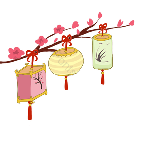 元宵节 彩灯 灯笼 传统花灯 手绘 桃花枝条 传统 古风