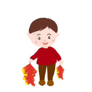 元素  小男孩 手拿鞭炮  红色 插画 手绘