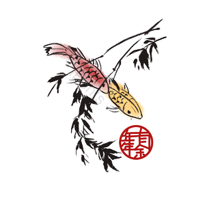 中国风 水墨 竹子 锦鲤 年年有余 树枝 古风 工笔画