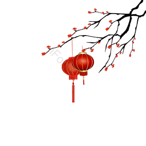 灯笼 梅花 树枝 花苞 中国风 红色 喜庆 元宵节