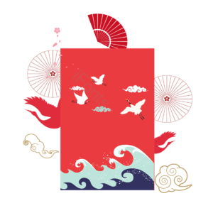 日本扇子 浪花 飞鹤 云朵 旅游 红色 矢量 和风