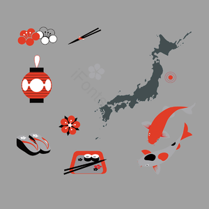 日本地图 木屐鞋 鱼 美食 旅游 矢量 和风 卡通