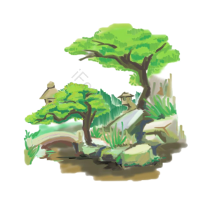 绿树 岩石 青山 山水 湖畔 小亭子 日式 生机