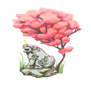 石狮子 石雕 岩石 春季 植物 樱花 树 清新