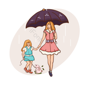 温馨 家庭 母亲 孩子 粉色 蓝色 雨伞 宠物