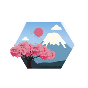 红日 富士山 卡通 插画 白云 手绘 樱花 日本