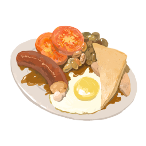白面包 香肠 炒豆子 西红柿和煎的鸡蛋 早饭 煎蛋 好喝 美味的食物