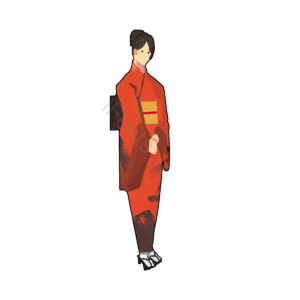 元素 插画 日本和服 卡通 女性 红色 黑边