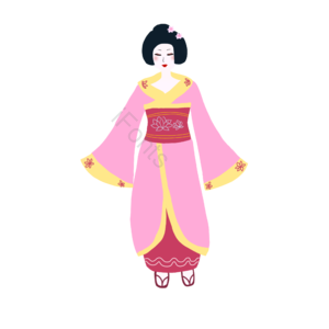 和服人物 日本和服女子 祭典和服人物 金边红底 深粉色腰带 深粉色木屐 和服人物 花朵纹理
