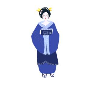 和服人物 日本和服 和服女子 浅边蓝底 金色发簪 精致花纹 荷花纹理 蓝色和服
