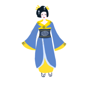 和服插画人物 手绘和服女子 日本和服人物插画 金发簪 浅蓝边 黄底 蔚蓝色 深蓝色腰带