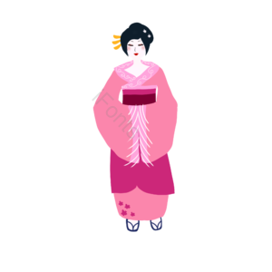 日本和服女人 和服女人 樱花和服 浅边粉底 玫瑰红腰带 金发簪 樱花花纹 木屐