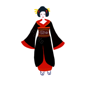 日本祭典人物 日本插画女子 典雅和服插画人物 金发簪 红头饰 红棕腰带 荷花图案 红边黑底