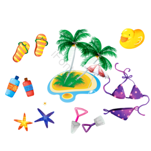 太阳伞 黄鸭 拖鞋 插画 椰树 沙滩 泳装 海星