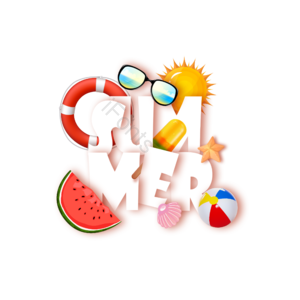 summer 立体 立体字体设计 夏日物体 太阳伞 沙滩 游泳圈