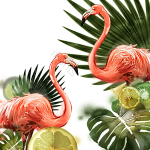 叶子 夏令 手绘 柠檬 水果 火烈鸟 热带 红色