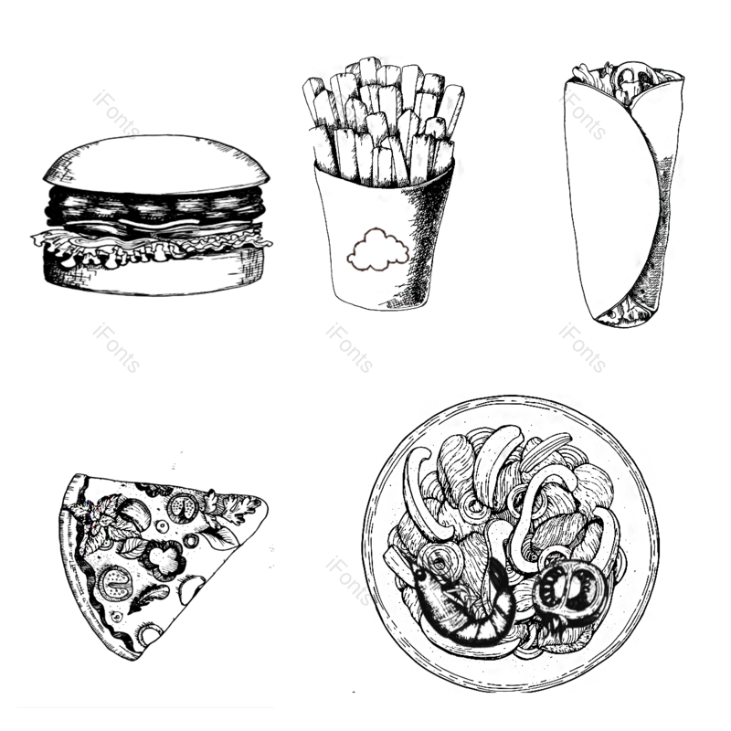 黑白图片,炸薯条元素,汉堡包PNG,免抠素材