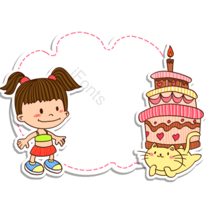 可爱 卡通 女孩 生日蛋糕 文本框 猫咪 手绘 纸片人