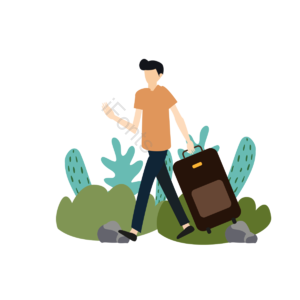 行李箱 绿色 黄色 夏季 男性 石头 小草 旅游