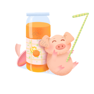 噪点 小猪 饮料 橙汁 夏日 动物 卡通 插画