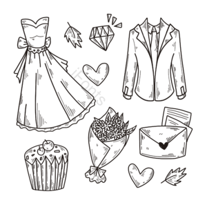 手绘 婚纱 线稿 礼服 蛋糕 伞 信封 爱情