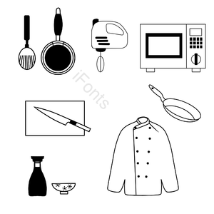 厨房用品 厨师衣服 微波炉 菜刀 锅 碗 调料瓶 打蛋器