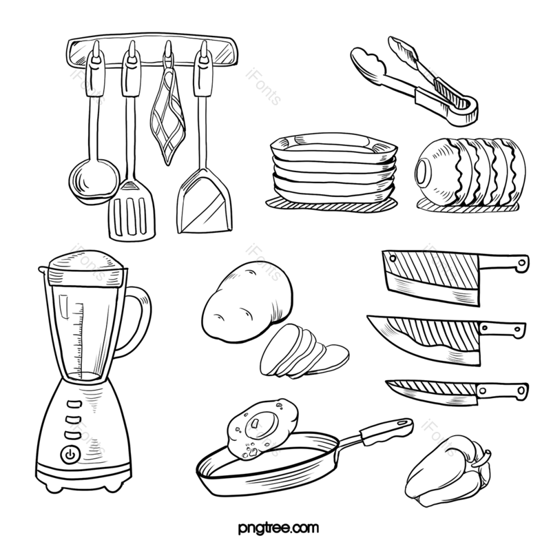 餐具图片,黑白元素,手绘风格PNG,厨房用品免抠素材
