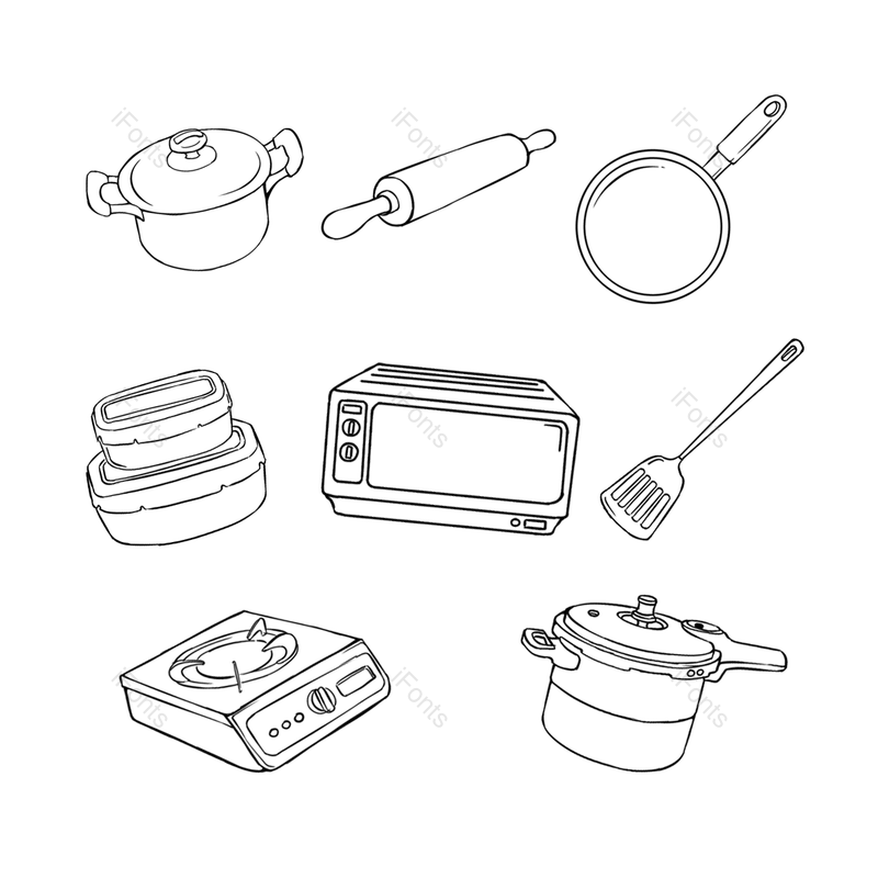 餐具图片,黑色线条元素,手绘PNG,厨房用品免抠素材