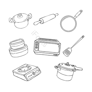 微波炉 餐具 厨房用品 黑色线条 手绘