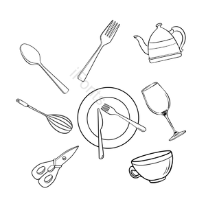 餐具 厨房用品 黑色线条 手绘 刀叉