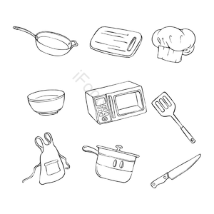手绘 黑色线条 厨房用品 餐具 微波炉 铲子 厨师帽 围裙