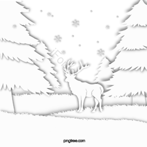 松树林 麋鹿 草地 白色 剪纸 雪花 冬季 下雪