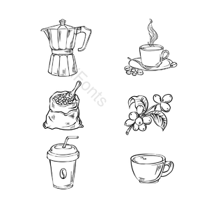 咖啡豆 咖啡杯 咖啡设备 咖啡壶 手绘竽 音谱线 手剪贴画 咖啡剪贴画