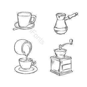 音谱线 手绘竽 咖啡设备 咖啡杯 咖啡壶 手剪贴画 咖啡剪贴画 咖啡杯剪贴画