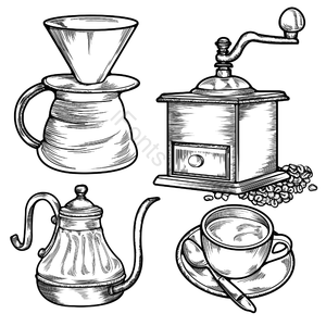 咖啡 手磨咖啡 咖啡杯 水壶 线稿线描 手绘咖啡 咖啡剪贴画 咖啡杯剪贴画
